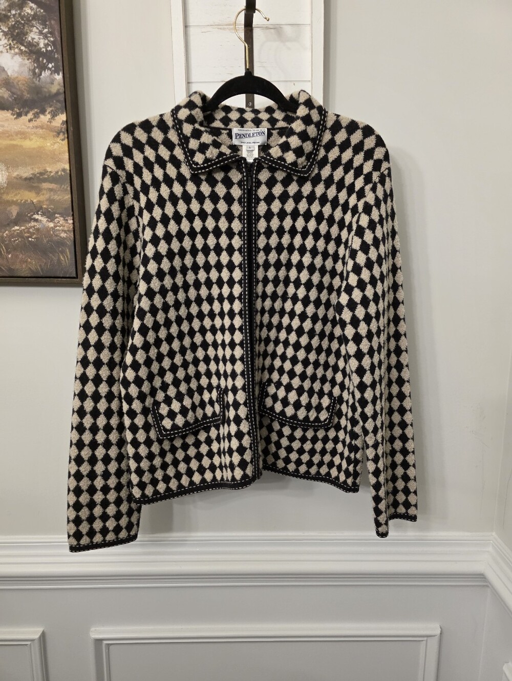 Y2K Vintage Pendleton Sweater Jacket Harlequin Diamond Print Size Large Wool